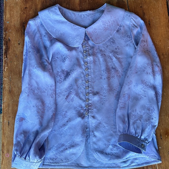 Vintage Lavender Satin Jacquard Peter Pan Collar Blouse Button Front Top - Picture 5 of 8